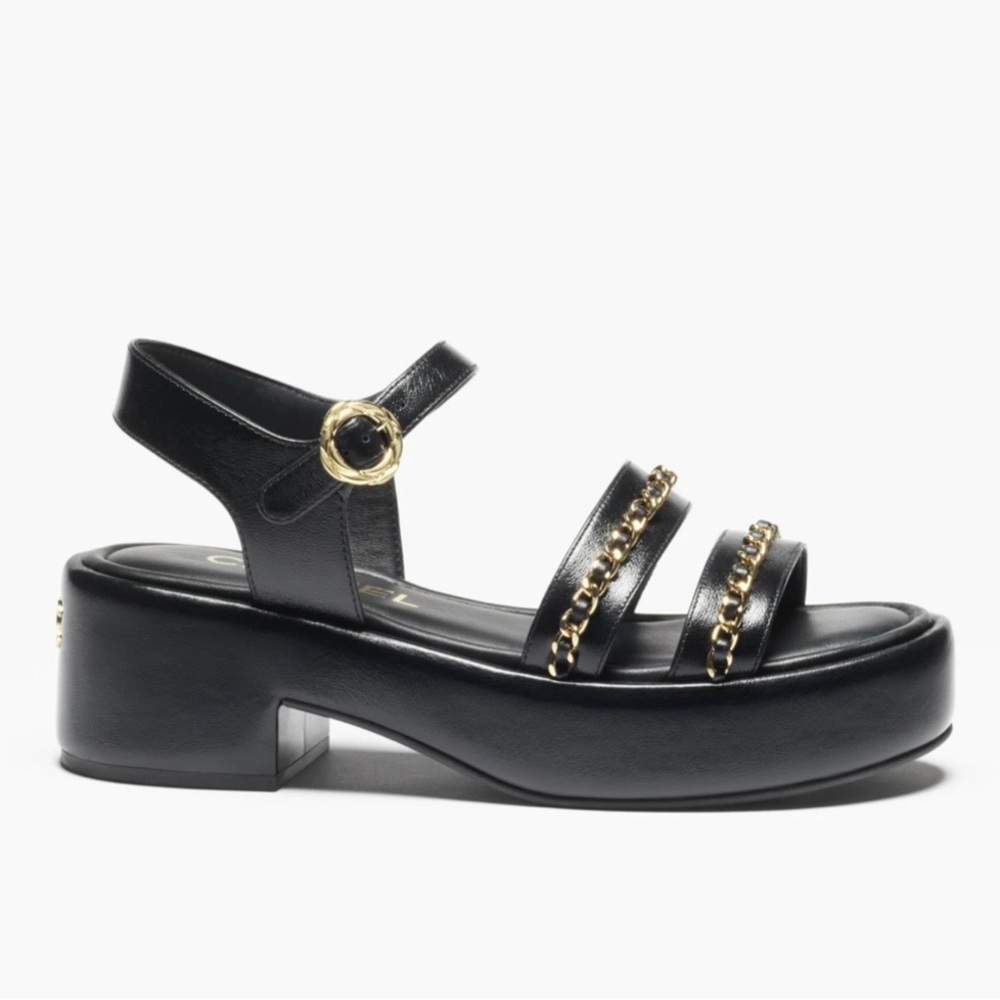 CHANEL Black Sandals with Gold Chain Detail